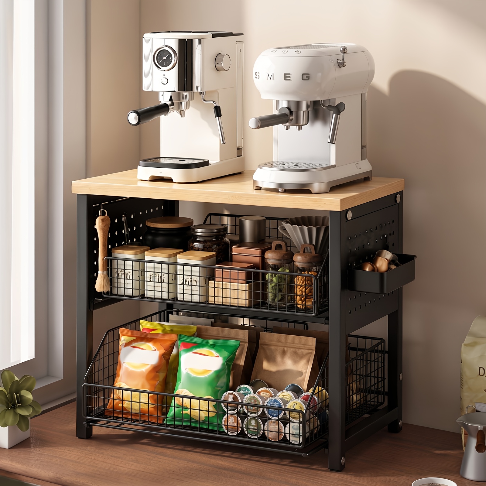 TEMU Étagère de Rangement Multifonctionnelle de Cuisine, Porte-Capsules de Café/Machine à Café, Étagère de Rangement à Double Niveau Coulissante,