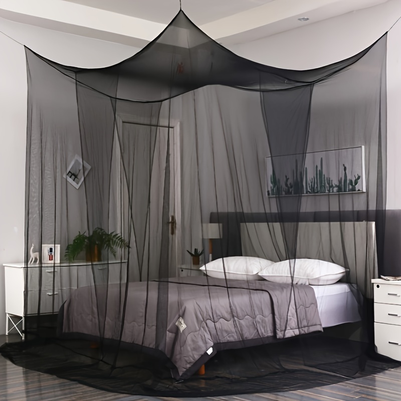 

1pc 4 Corner Post Bed Canopy, Polyester Bed Curtain With Mesh Netting, Square Mosquito Net, Elegant Bedroom Decor With Easy Entrance, 4 Openings, Hang With Adhesive Hooks & Rope Included