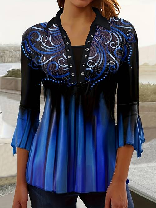 lightweight design womens stylish blue floral print button blouse with irregular bell sleeves casual polyester top for spring summer fall ladies blouses