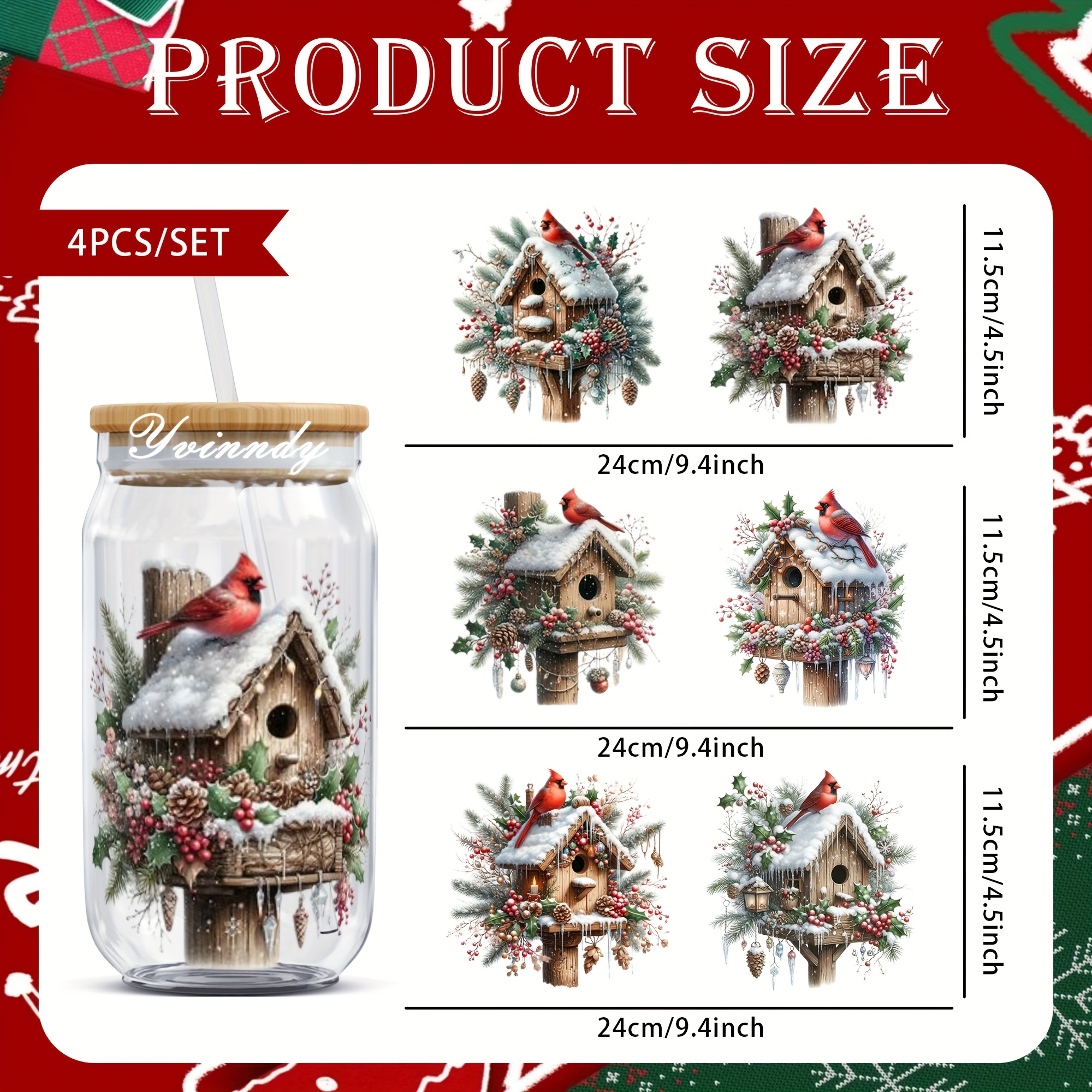 TEMU 4pcs/Set Boîte à Oiseaux de Noël Papier de Transfert 16Oz UV DTF Papier de Transfert Appliqué aux Bocaux en Verre de 16 Oz
