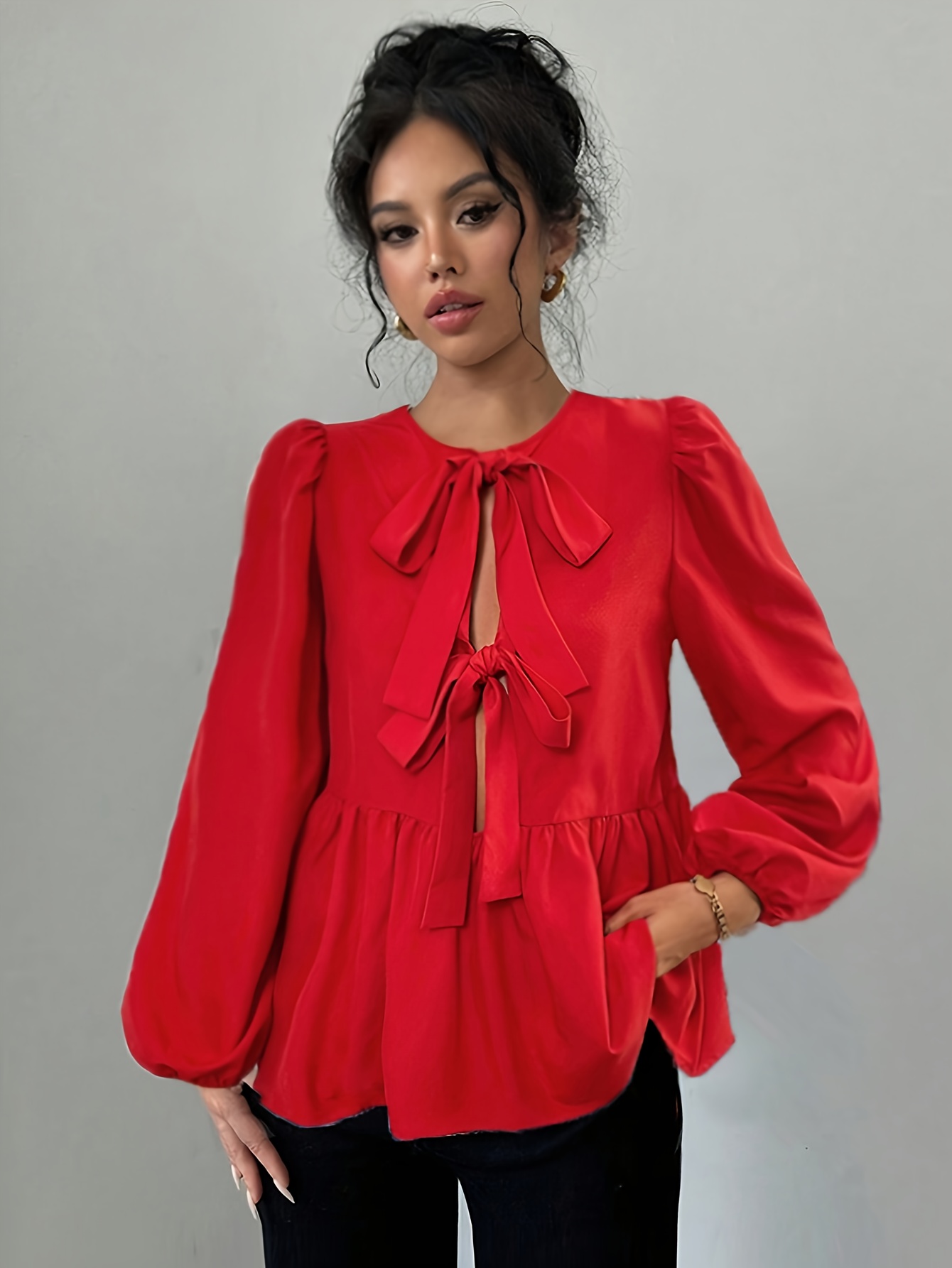 トップス THEREDTHREAD S front belt blouse the red thread S front belt blouse womens elegant red long sleeve
