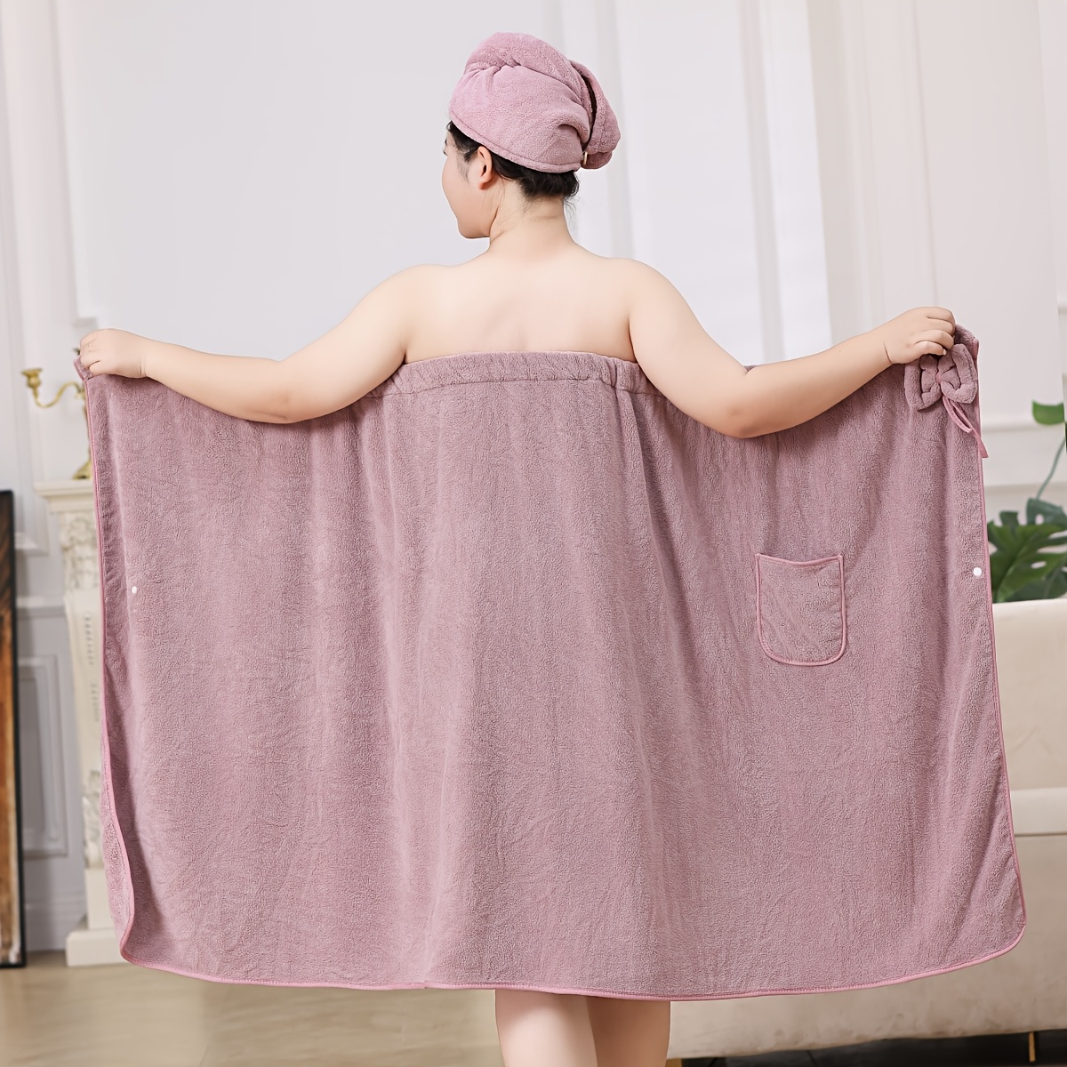 Plus Size Bath Skirt & Shower Cap Wearable Bath Towel For Women Plus Size Shower Wrap Dress Post Bath Comfort 275066