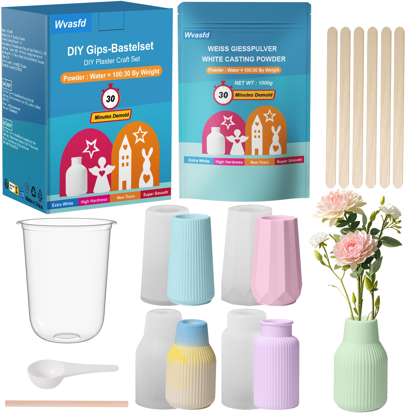 Resin Casting Powder Starter Kit, 1000g Casting Powder, Includes 3/4 Molds, Water-activated Plaster Casting Set, Suitable For Beginners Diy Home Art
