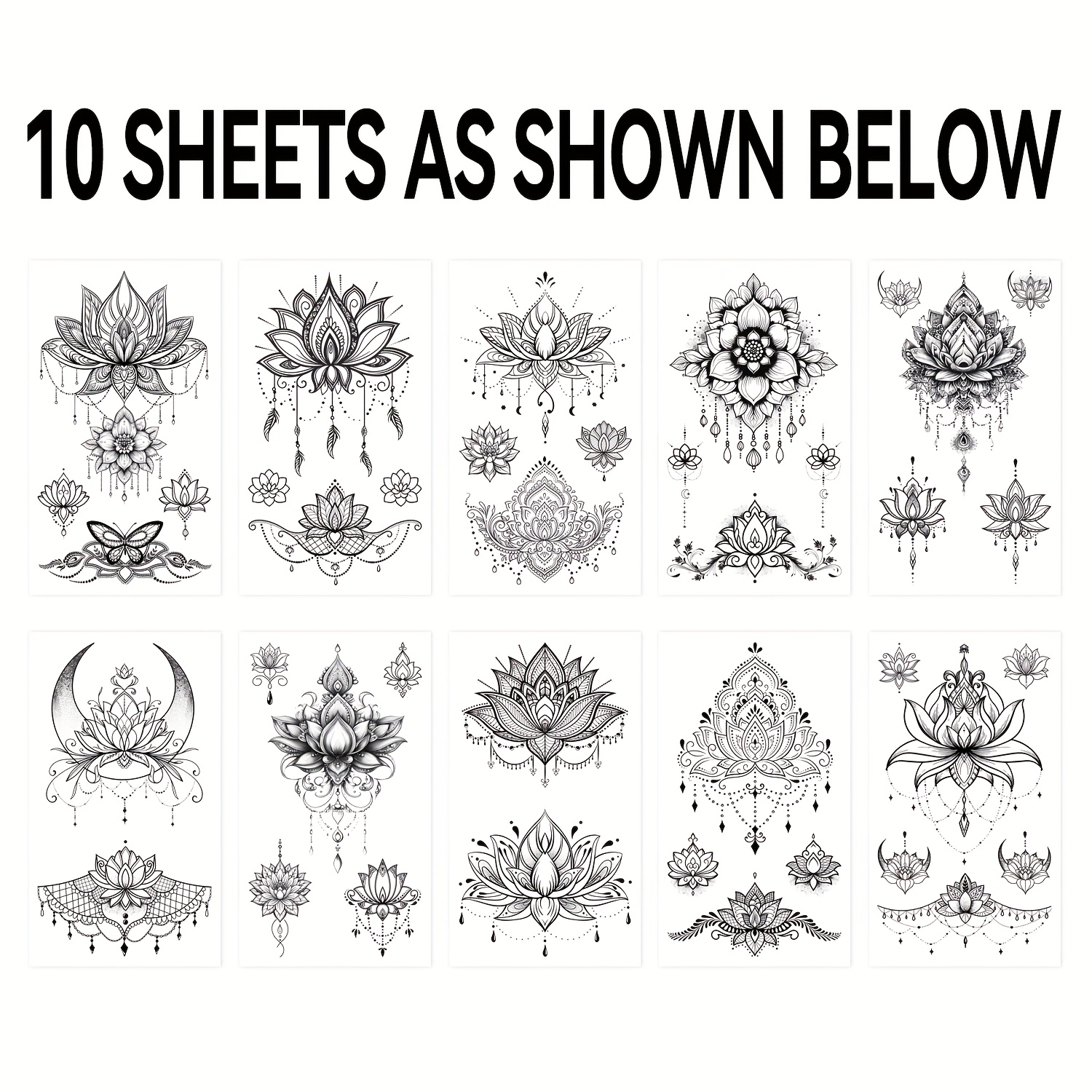 Image of 10 Sheets Sexy Black Lotus Temporary Tattoos For Women Wedding Brides, Tribal Fake Jewelry Pendant Lace Moon Moth Flowers Temp Tattoos Temporary Sticker For Women Arm Neck Hands Tatoos Jewels