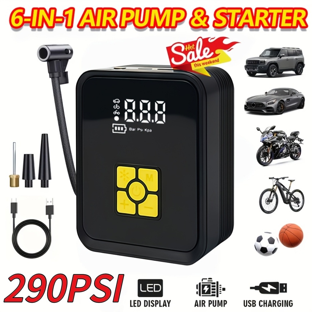 TEMU Portable Wired/wireless Tire Inflation Pump, Usb/12v Electric Air Compressor, Digital Pressure Gauge With Led Lights, Suitable For Cars,