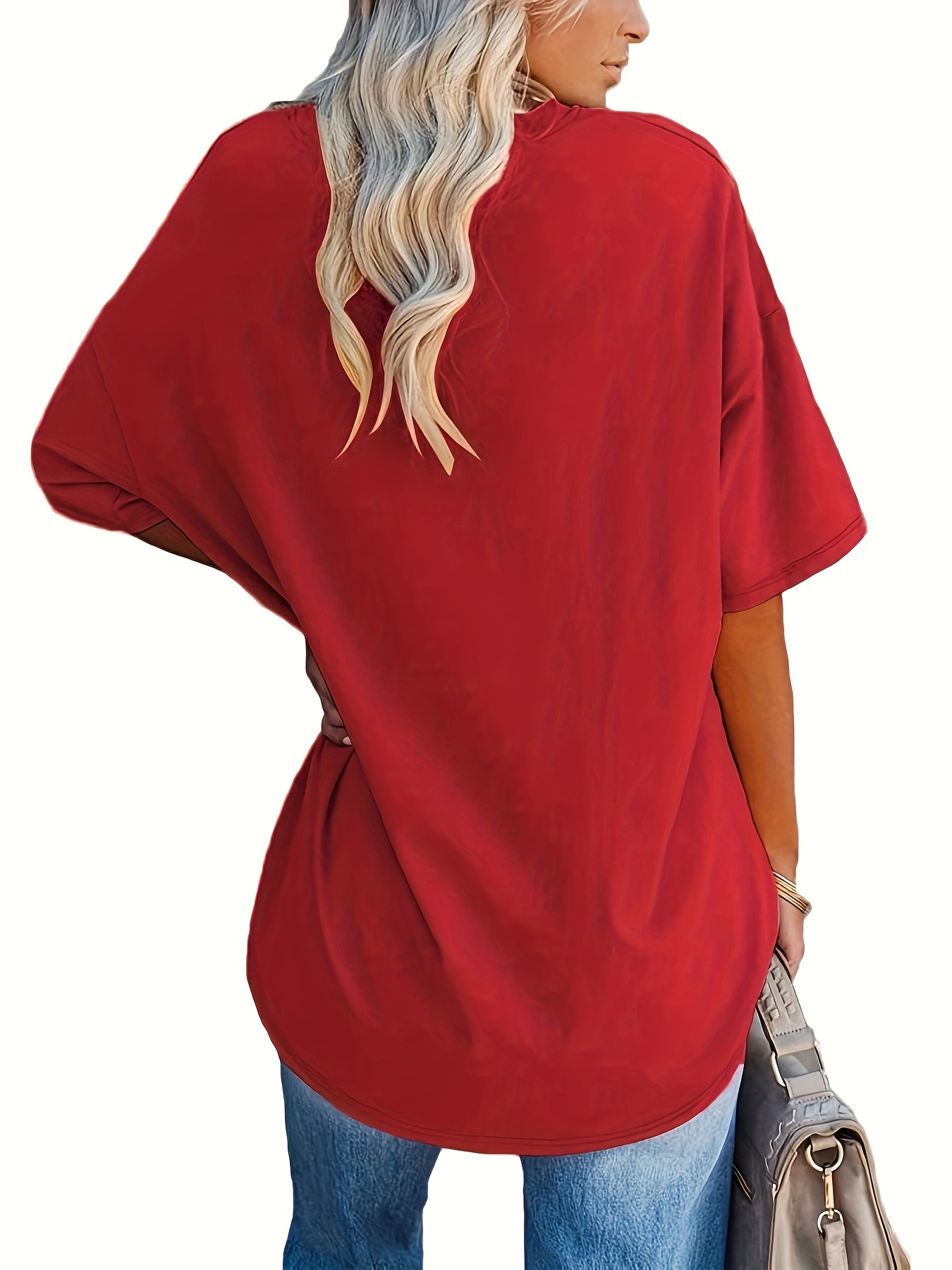 Women's Loose-Fit V-Neck Half-Sleeve Blouse - Soft Stretch, Solid Color, Spring/Summer Casual & Formal Wear, Elegant & Breathable, Transitional Weather Clothing, Middle Eastern Style, Comfortable Fit, Stretchy Fabric Top