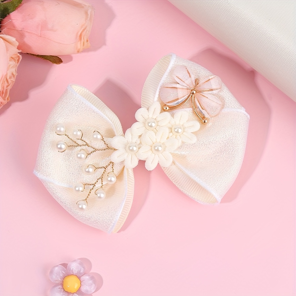 TEMU 1pc Floral Style Bow Hair Clips With Elegant Design Polyester Barrettes Fashion Branch Pattern Hair Accessories For Daily Styling Or Special