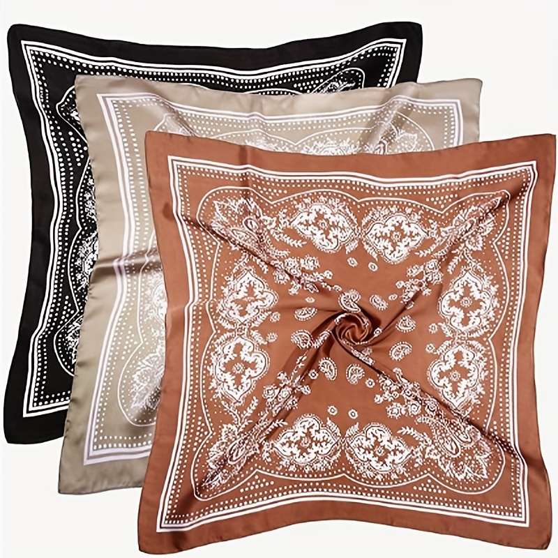 

3pcs Vintage Geometric Satin Bandanas For Women - 27.5" Square Scarves, Polyester, Hand Washable