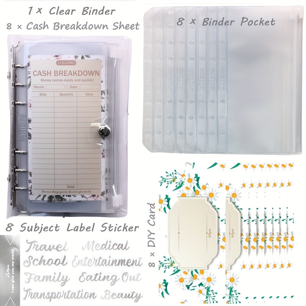 Image of A6 Clear Budget Binder Money Organizer 8pcs Pvc Cash Envelopes With 8pcs 300gsm Budget Subject Cards And Stickers Inside And Cash Breakdown Sheets