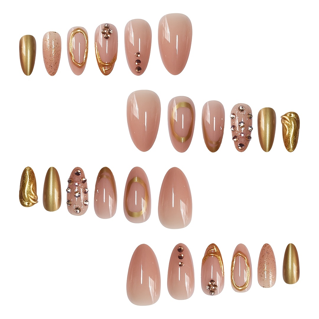 TEMU 1 Set 24pcs Almond-shaped Press-on Fake Nails Luxurious Sparkly Rhinestone 3d Golden Striped Crystal Shimmer Powder Suitable For All Women And