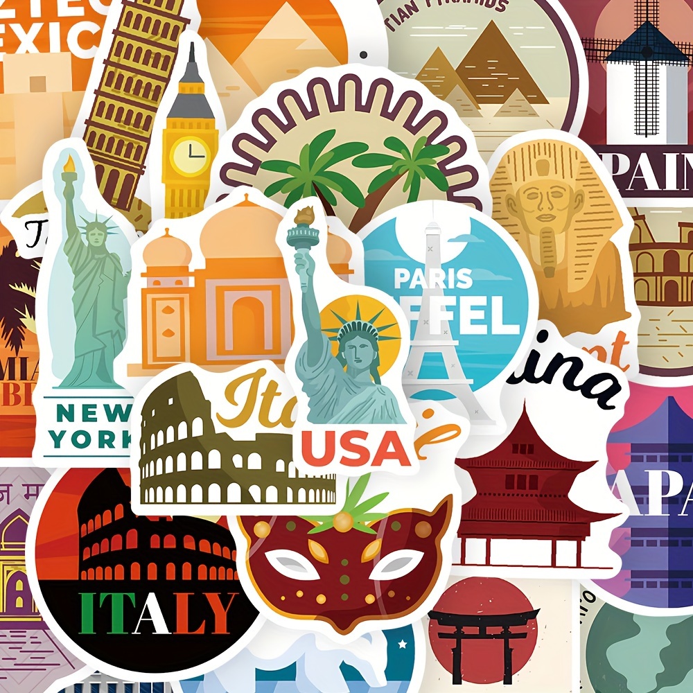 Image of 50pcs World City Buildings Stickers Travel City Waterproof Phone Case Hand Account Material Luggage Laptop Stickers
