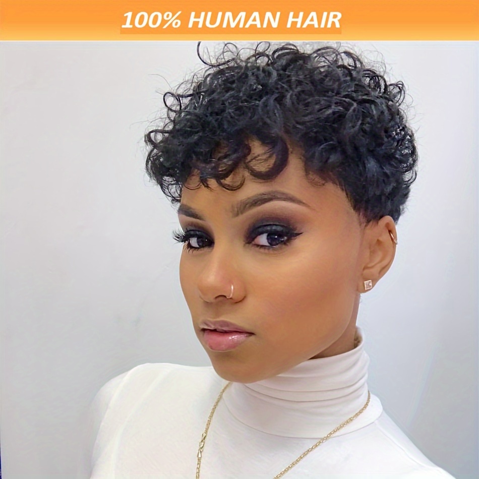 

Chic 4-inch Pixie Cut Wig With Bangs For Women - 180% Density, Water Wave Human Hair, Full Machine Made, No Lace