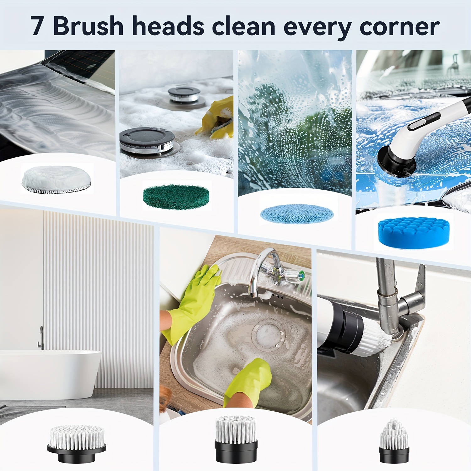   7 in 1 cordless electric cleaning brush set with long handle   7 interchangeable heads usb rechargeable portable for bathroom kitchen car more details 8