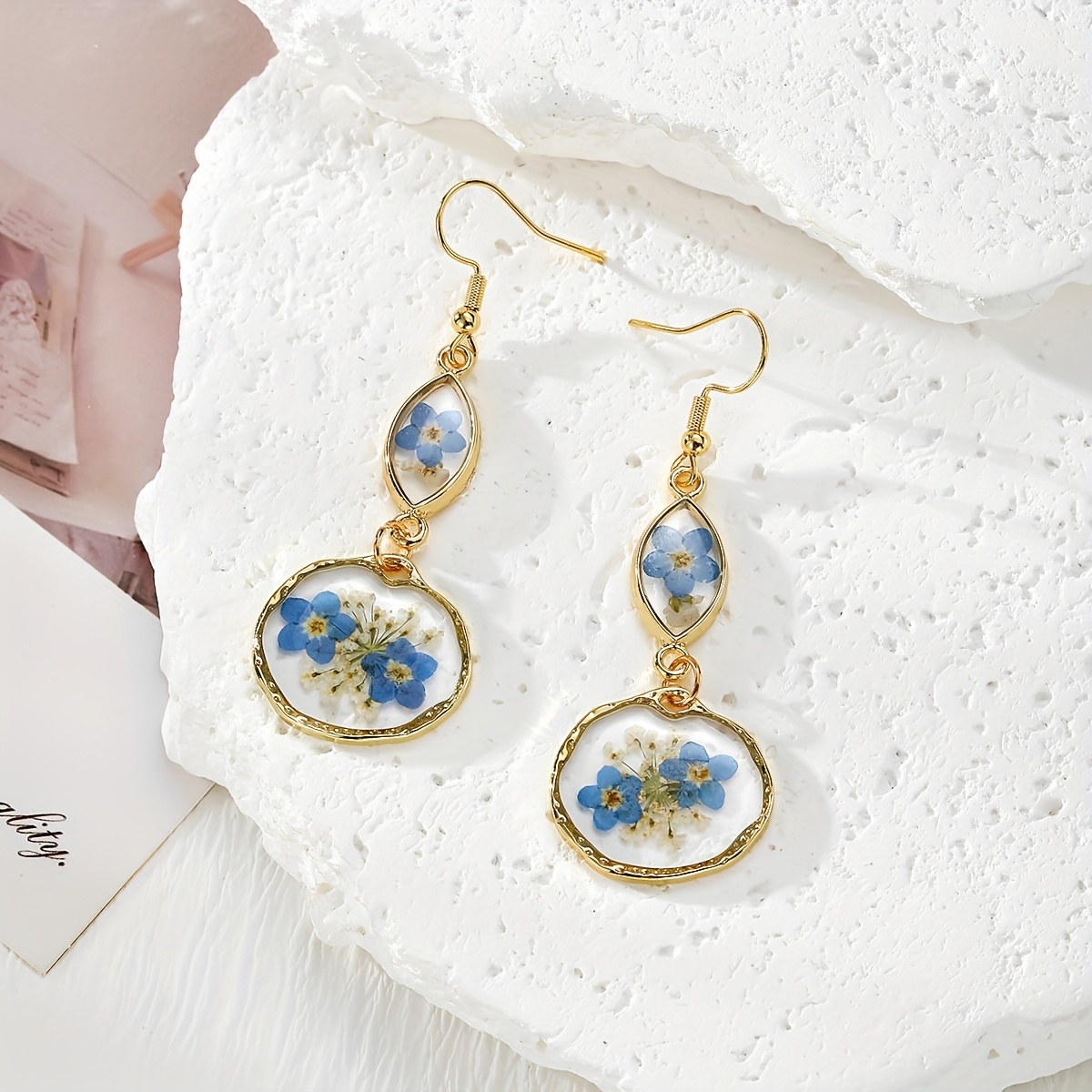 TEMU Bohemian Vintage Irregular Geometric Round Dried Flower Earrings Elegant Transparent Eternal Flower Tassel Earrings Stainless Steel Ear Hook