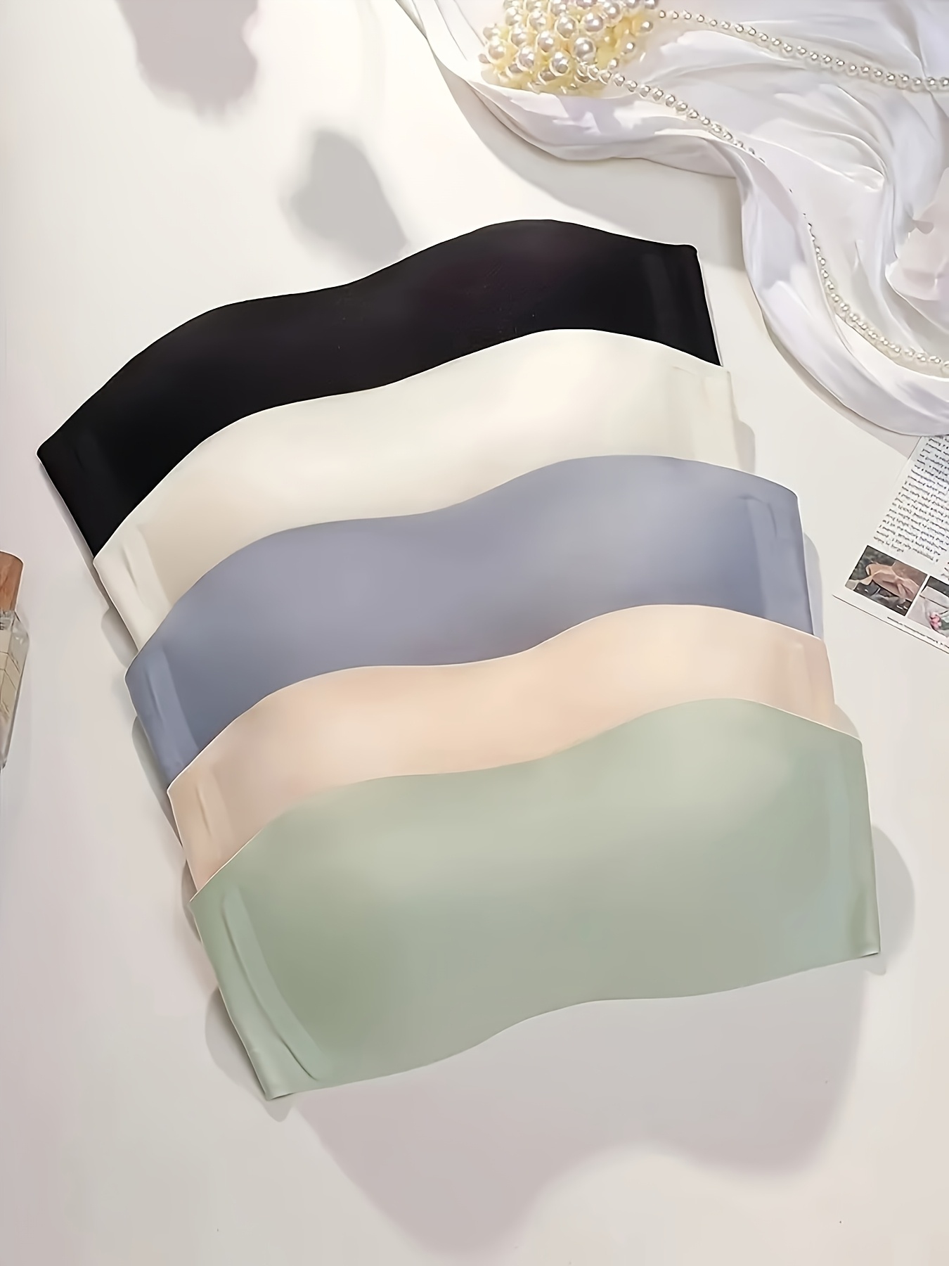 5pcs Strapless Elegant Push-Up Bras for Women - Breathable, Non-Removable Padding, Solid Colors (Black, White, Blue, Gray, Green), Wireless & Comfort Fit in Light to Dark Shades, Everyday Comfort Wear | Elegant Strapless Design | Strapless Comfor