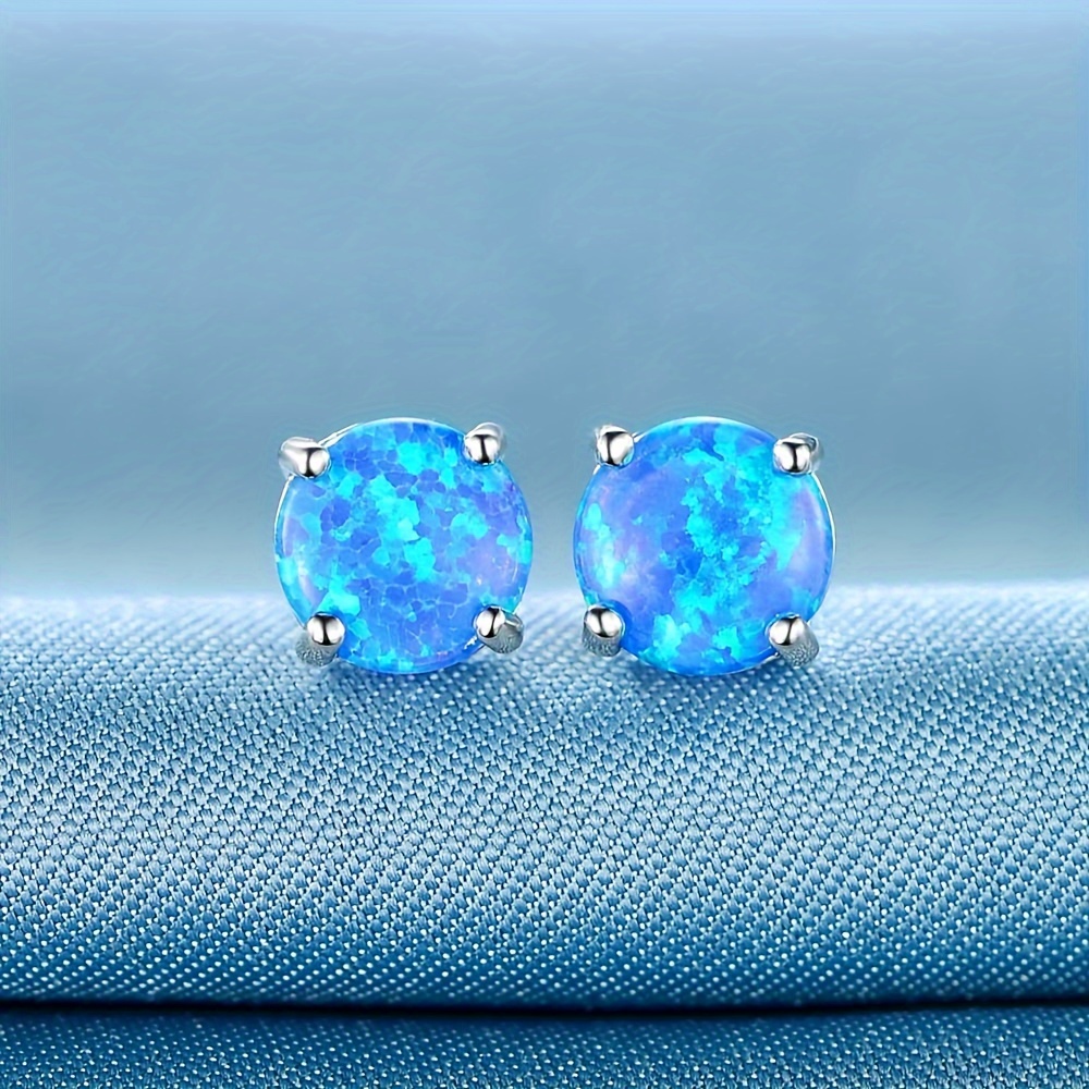 

Ocean Series Stud Earrings, Blue Opal Round Shaped Silver Plated Stud Earrings Women's Valentine's Day Jewelry Gifts