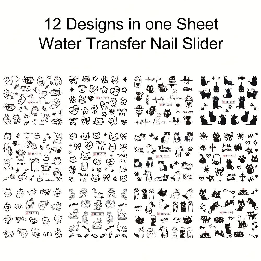 12 Black Cartoon Animal Patterns, Surface, Decoration, Pre-sticker Plastic Nail Decoration, Disposable, Irregular Shape, No Fragrance, Suitable For Plastic Surface Cute Cat Nail Stickers And Stickers