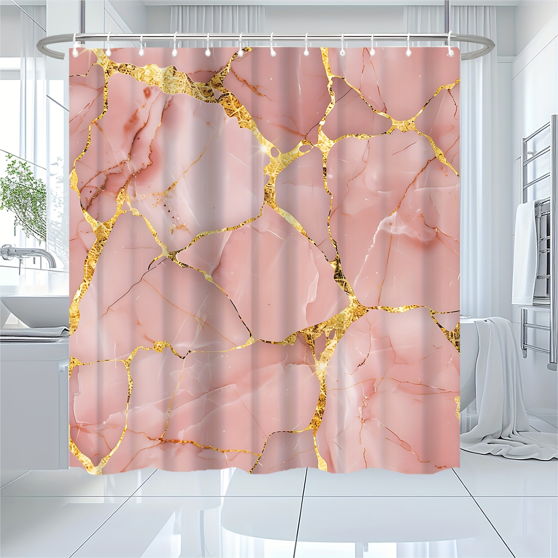 TEMU 1pc Pattern Polyester Shower Curtain Decoration, With 12 Hooks, Home Decoration 71*71in