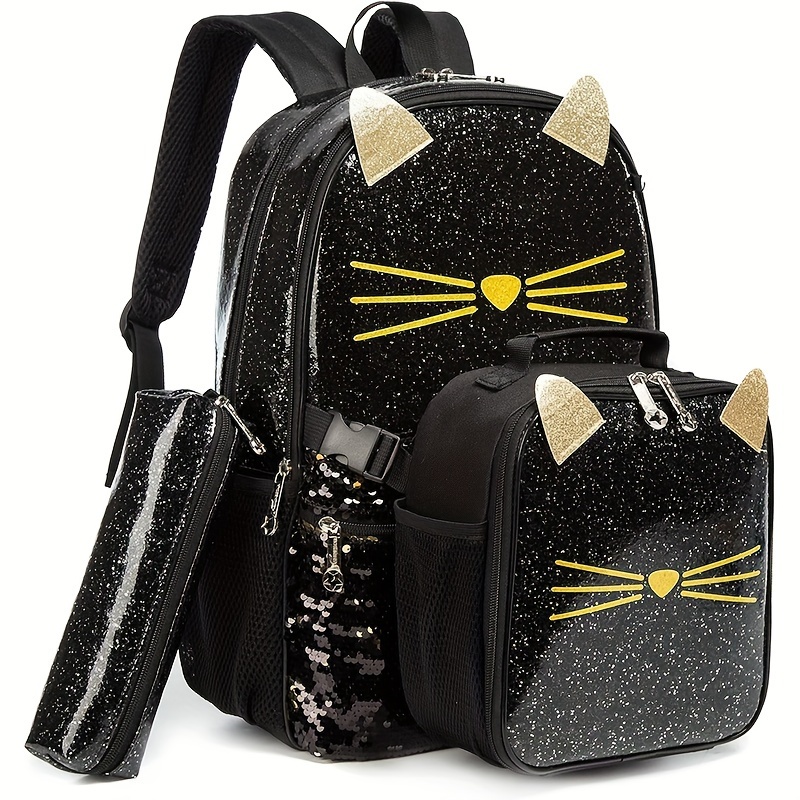 

3pcs 17inch Kids Backpack, 3d Black Cat Schoolbag With Pencil Case And Lunch Bag For Girls Birthday Gift