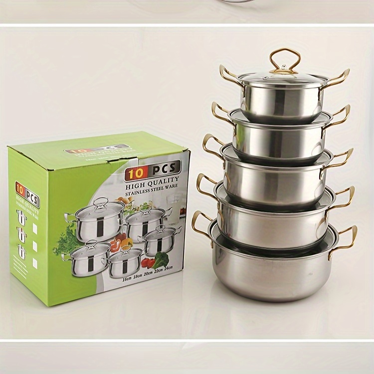   stainless steel cookware set with glass lid golden double handle pots for home dorm camping soup stew cooking kitchenware set dishwasher safe compatible with all stovetops details 12