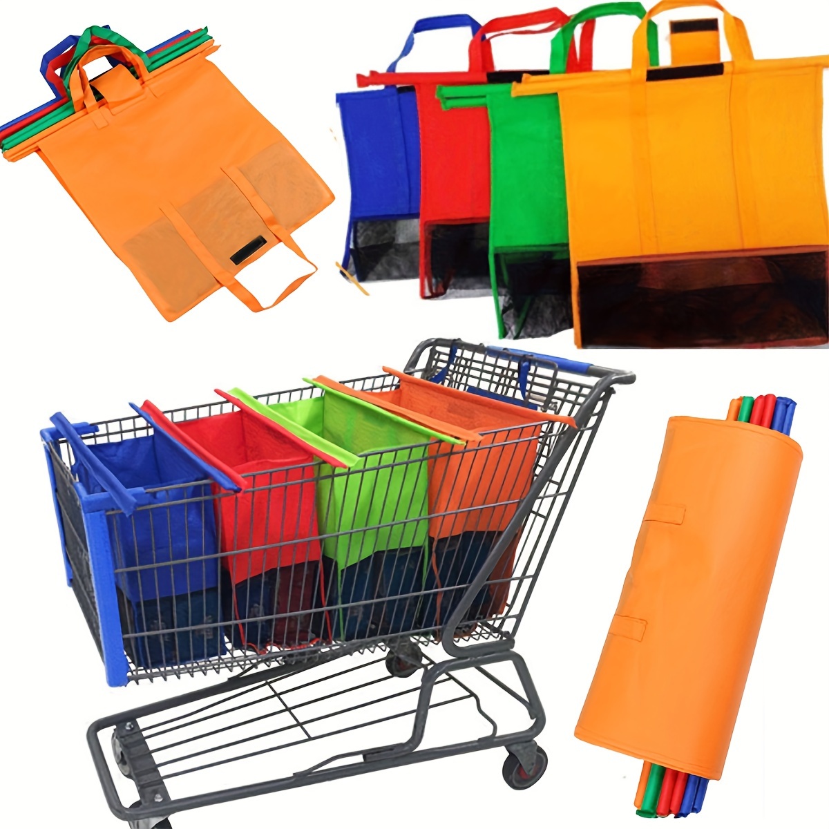 

4-pack Grocery Shopping Cart Bags With Handles, Perfect For Supermarket, Home Sorting & Storage