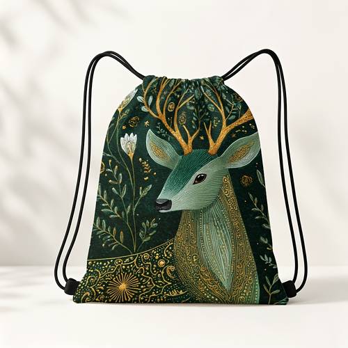 dark green drawstring pouch with a head and botanical floral pattern for gym court training travel cycling yoga travel storage daily camping drawstring closure design lightweight sports bag machine washable
