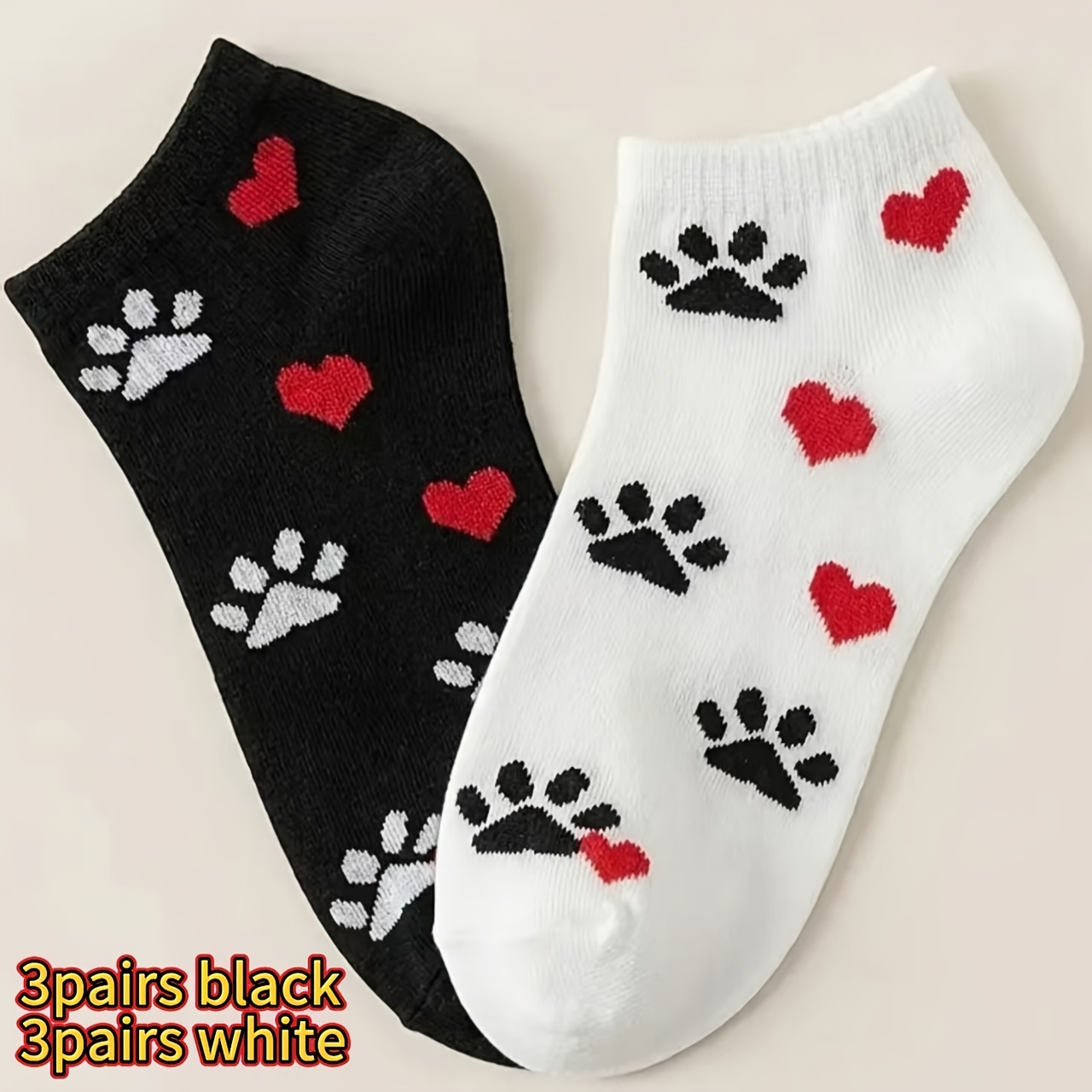 TEMU 6 Pairs Cat Paw Heart Cute Women's Short Socks, Black And White 2 Colors , Cat Paw Heart Pattern Socks, Comfortable And Breathable Daily
