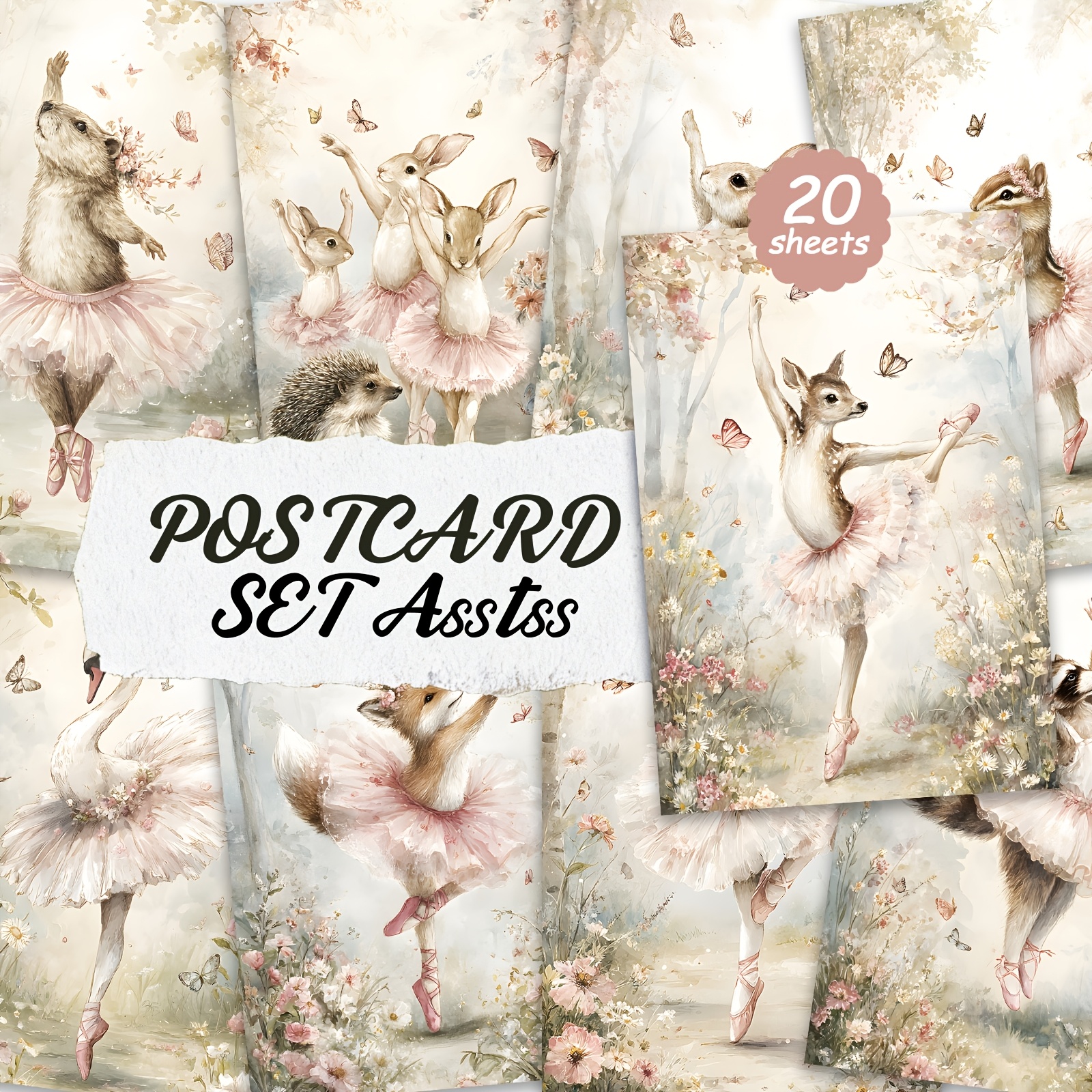 TEMU 20pcs Asstss Retro Ballet Animals Postcards - Vintage Pinup Ballet Suitable For Scrapbooking & Crafting: Personalizable Junk Journal Pages,