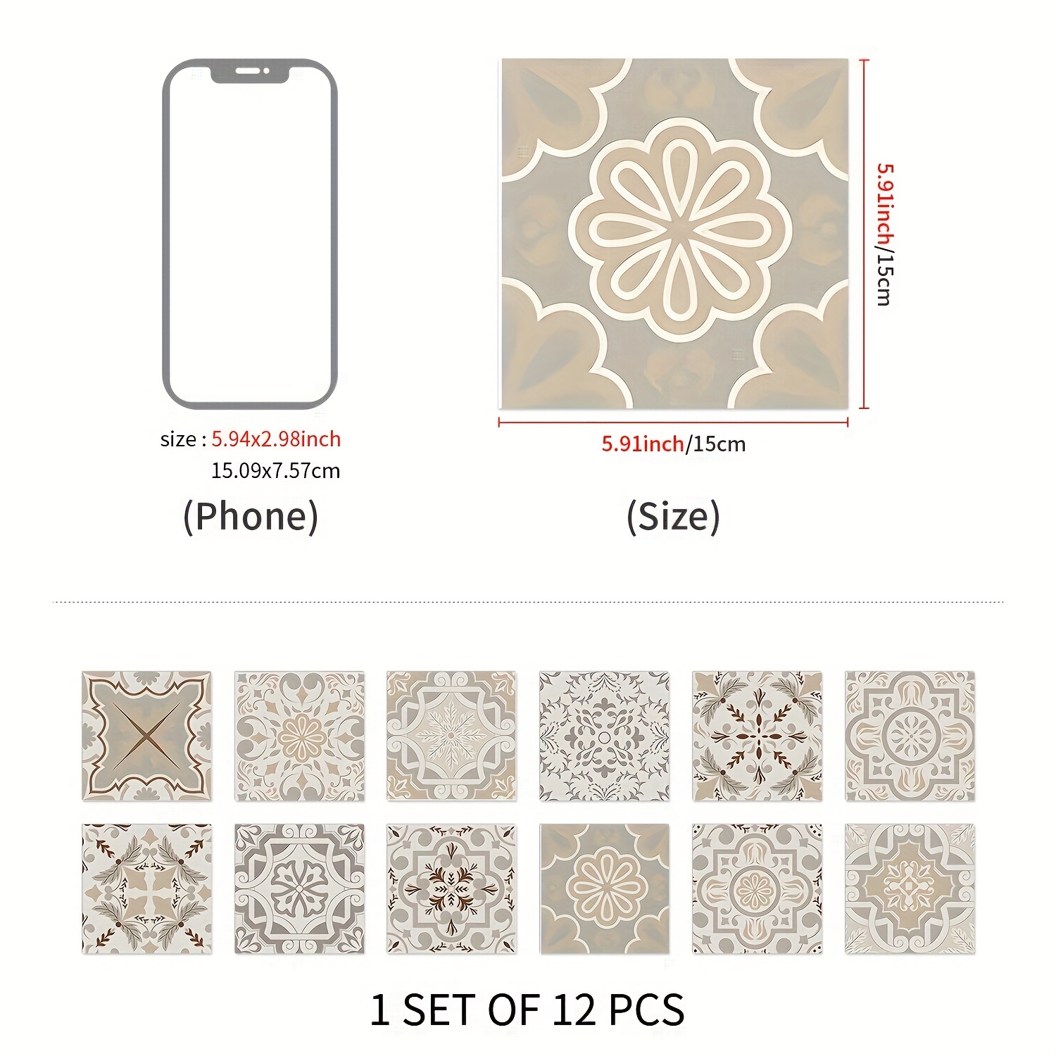 Image of 12pcs Bohemian Floral Tile Stickers, Self-adhesive Pvc Decals For Kitchen Splashbacks, Bathroom & Stair Walls - Easy To Apply And Remove 10/15/20cm*12pcs