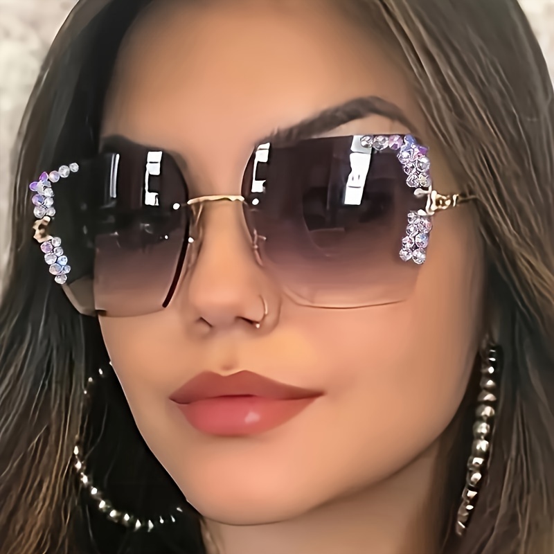 

2pcs Sparkling Rhinestone Rimless Fashion Glasses For Women - Gradient Lens, Metal Frame, Fashionable Casual Eyewear