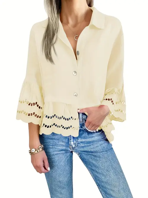 womens casual 3 4 sleeve button shirt relaxed fit ruffle hem eyelet detailing solid color breathable top for spring summer summer fashion bell sleeve blouse nontransparent fabric