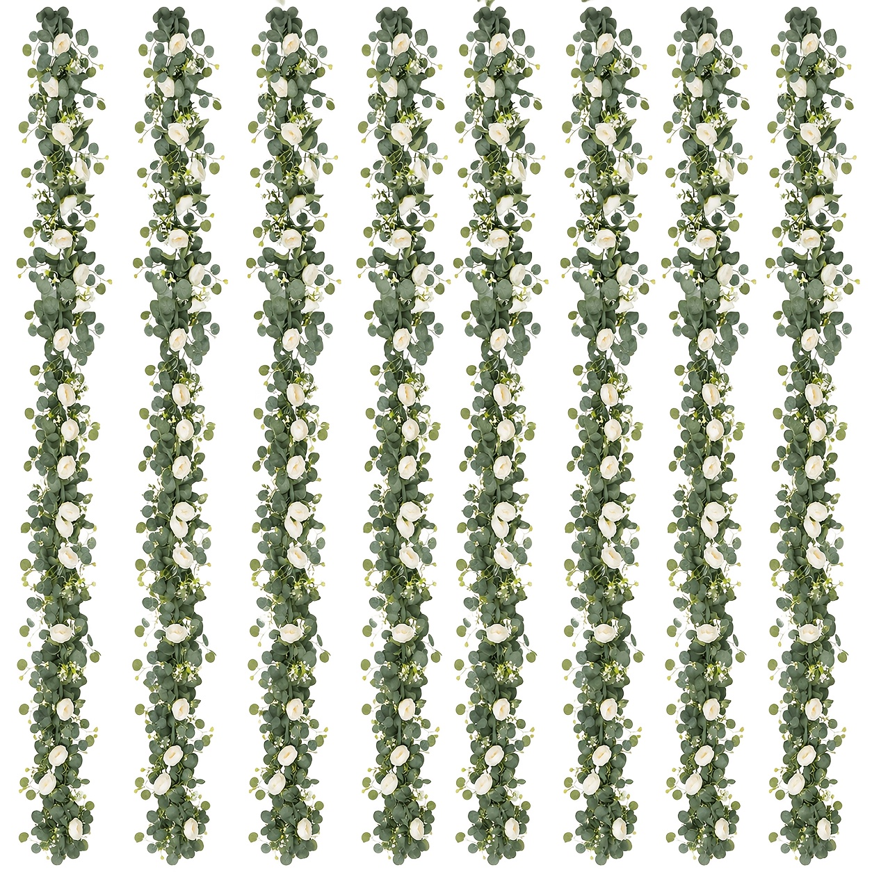 TEMU 4/8pcs (/48ft Total) Artificial Eucalyptus Garland With White Roses & Gypsophila Realistic Fake Flower Vine With Per Strand, Dense Greenery For
