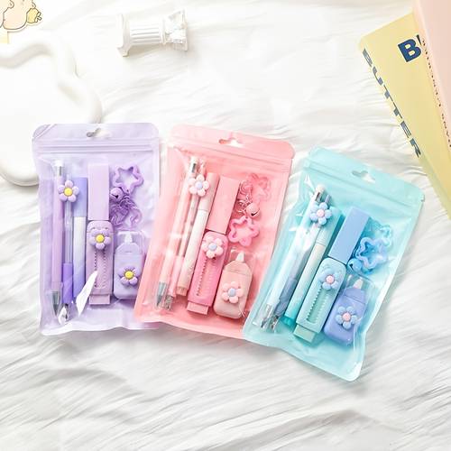 7 in 1 functional stationery set up your office with 4 color options push pull eraser highlighters ballpoint pens more perfect 7pcs stationery for