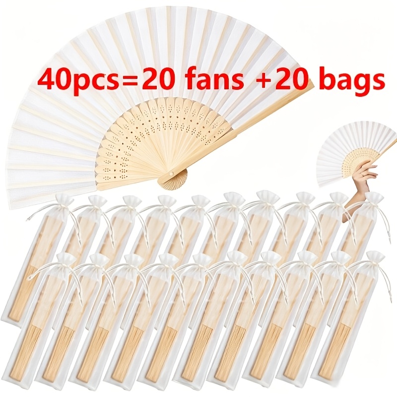 TEMU 40-pack (20pcs Fans And 20pcs Bags) White Foldable Handheld Fan Set With Storage Bag - Classic Bamboo Handle Cloth Fan, With Elegant Organza