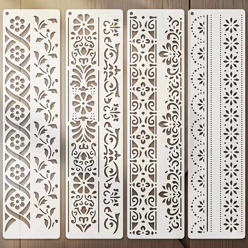TEMU 4pcs Border Template Set, Reusable Floral Lace Painting Templates, Long Vertical Decorative Templates, Suitable For Walls, Furniture, Floors,