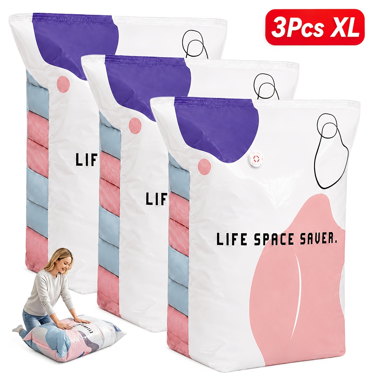 TEMU 3pcs Pump-free Compression Storage Bags, Reusable No-vacuum Space Saver Bags For Clothes, Comforters, Quilts & Bedding, Press-to-compress Travel