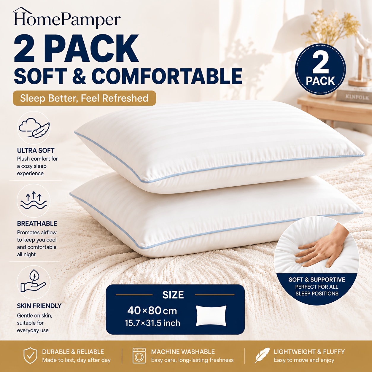 Image of 2 Pack Duck Feather & Down Pillows Suitable For Sleeping/camping - 40×80cm Bed Pillows With Cotton Cover, Technology Pressed Feather & Duck Down Filling, Breathable Supportive For, Machine Washable