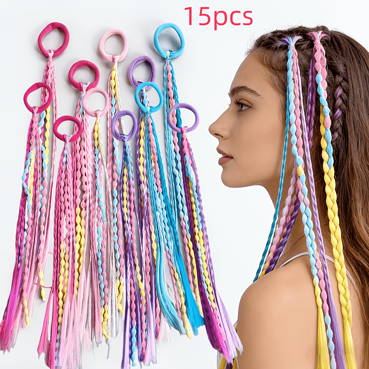 TEMU 15pcs Multicolored Braided Hair Ties Suitable For Ponytails, Box Braids, Bean Braids And Hair Extensions - No-fabric Elastic Beaded Hair Bands