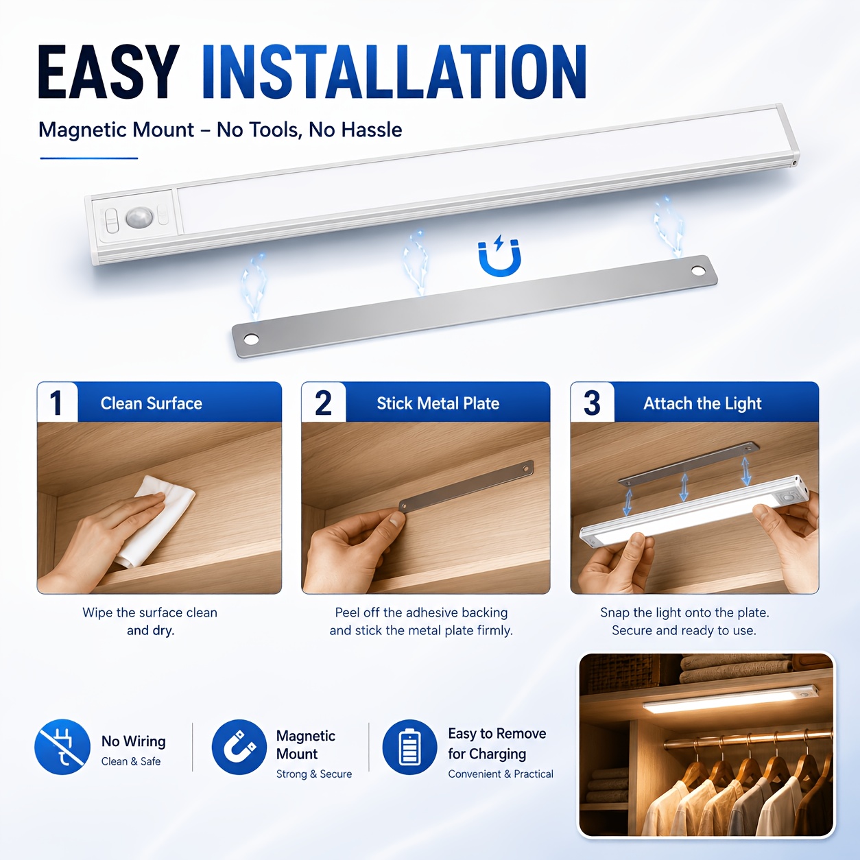 2pcs Rechargeable Motion Sensor Cabinet Lights with 3-Color LED