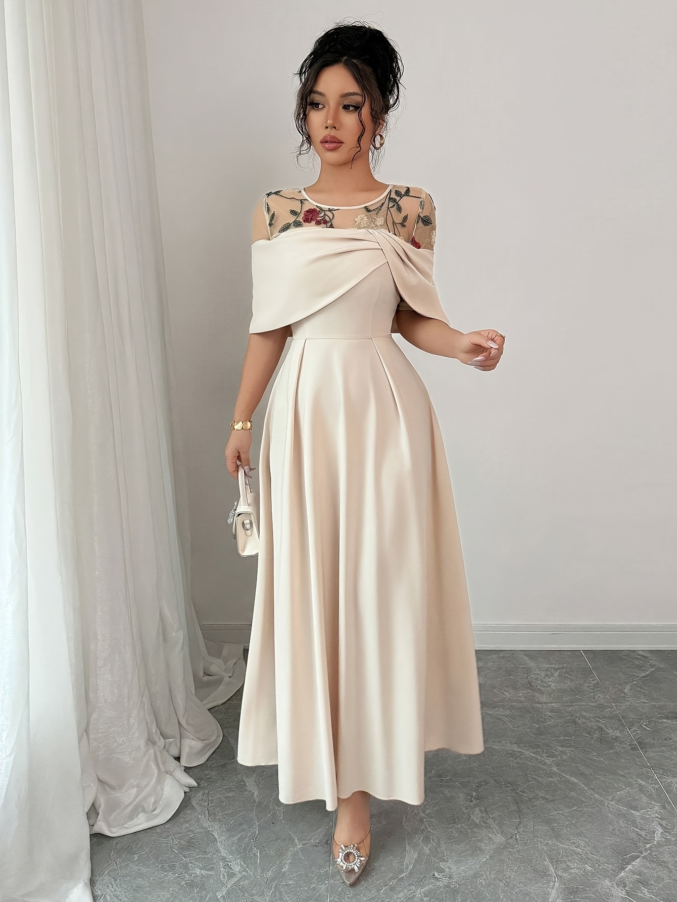 elegant fashionable waist cinched a line splice net fabric - Temu Bahrain
