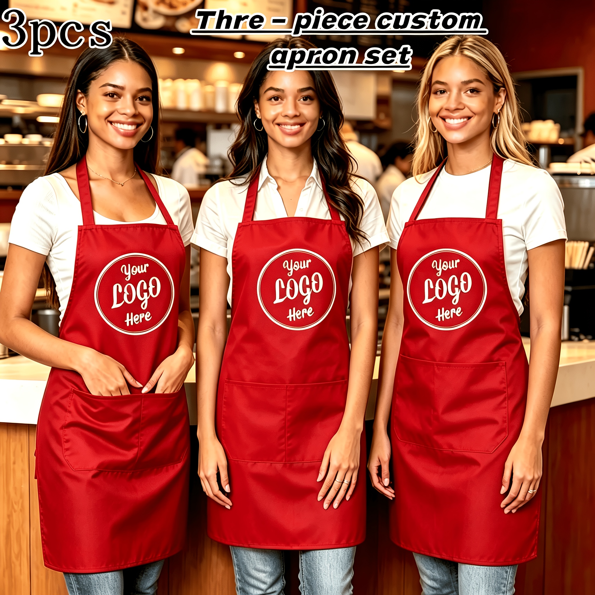 TEMU 3pcs Custom Personalized Photo Logo Text Apron Set, Adjustable Elastic Waist Apron, Suitable For Kitchen Use, With Pockets. Ideal Gift For