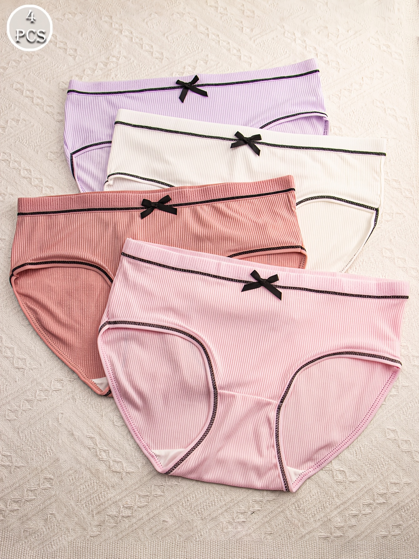 4pcs Women's Mid-Rise Briefs with Chic Bow Detail - Breathable & Comfortable Ribbed Texture in Assorted Colors, Stretchy Polyester Blend, Non-See-Through - Perfect for Casual Attire