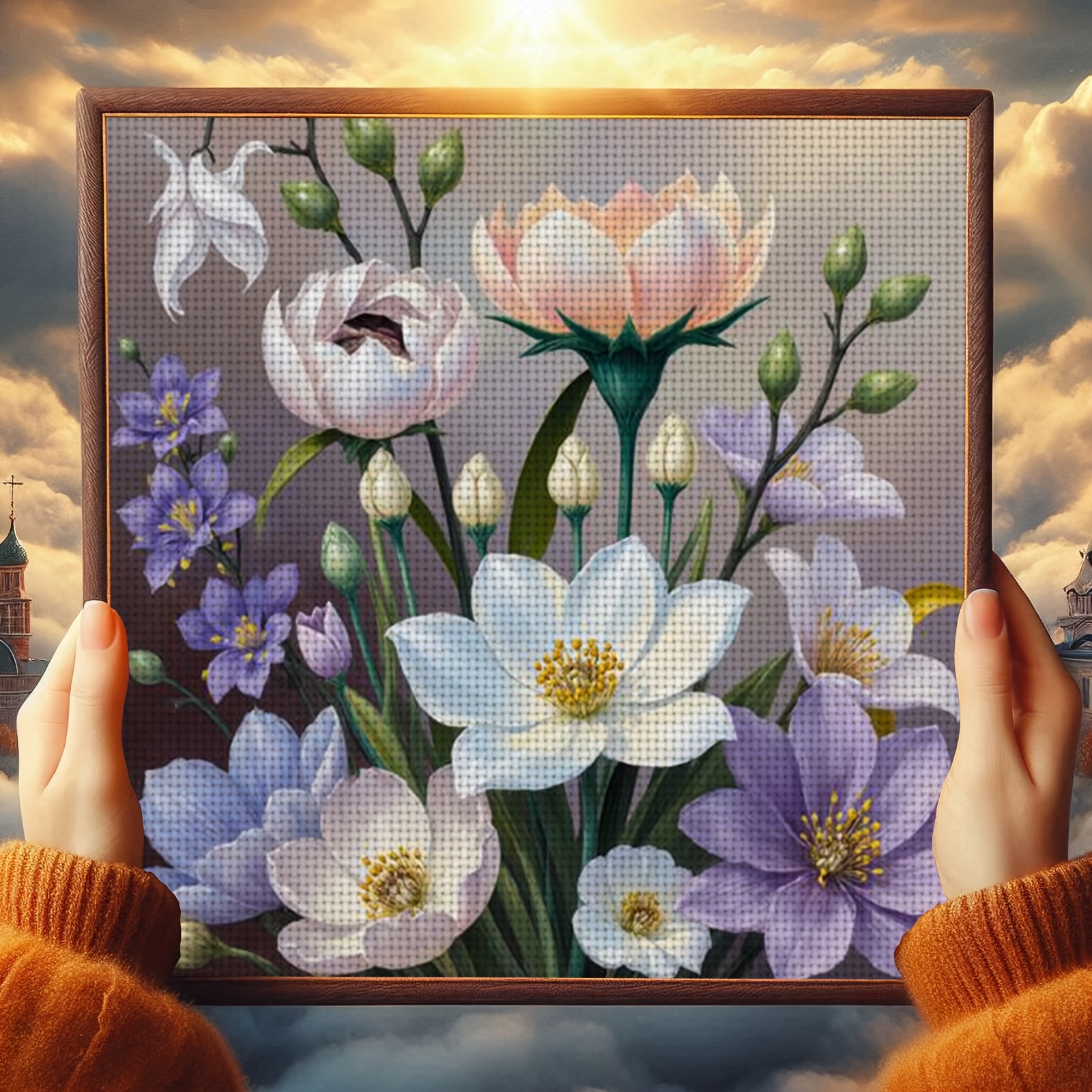 DIY Cross Stitch Print Kit, Frameless, "Colorful Floral Illustration" Pattern
