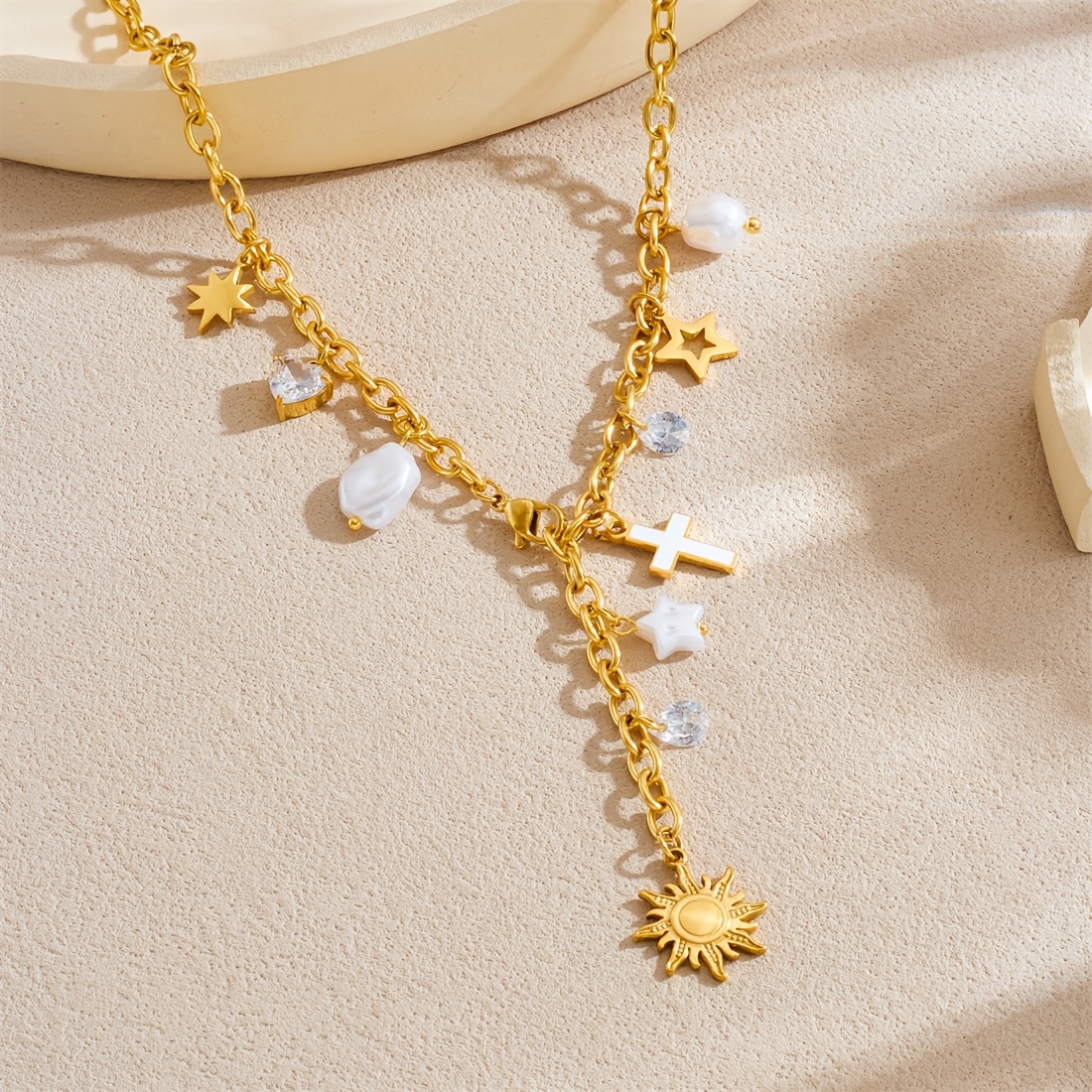 Women's 18K Gold Plated Multi-Charm Necklace with Cross & Sunburst
