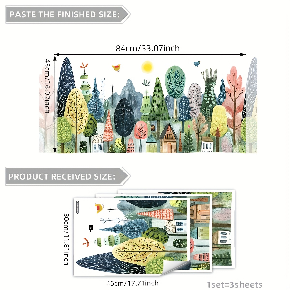 Image of A Set Of 3 Sheets (30*45cm*3pcs) Forest Town Wall Stickers Living Room Bedroom Home Background Decoration Stickers Self-adhesive Ms4443-zc