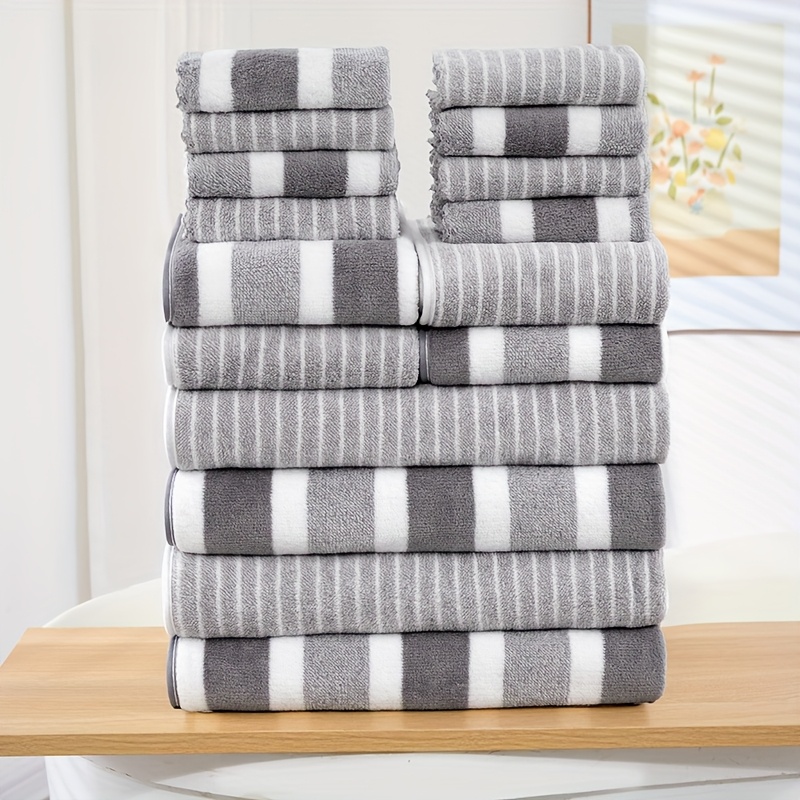 Image of 16pcs Striped Towels Set, Quick Dry Absorbent Bathroom Towels, 4 Bath Towels 4 Hand Towels 8 Washcloths, Towels For Home Bathroom Hotel And Spa Salon, Bathroom Supplies