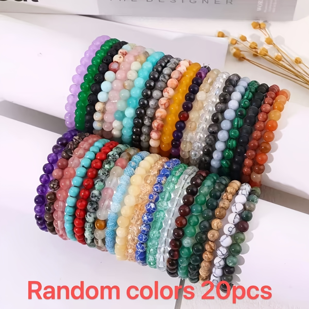TEMU 20pcs Random Handmade Bohemian Glass Bead Bracelets For Women - 8mm Glass Beads (, ) With Elastic - Beach Party Summer Bracelet, Casual Attire