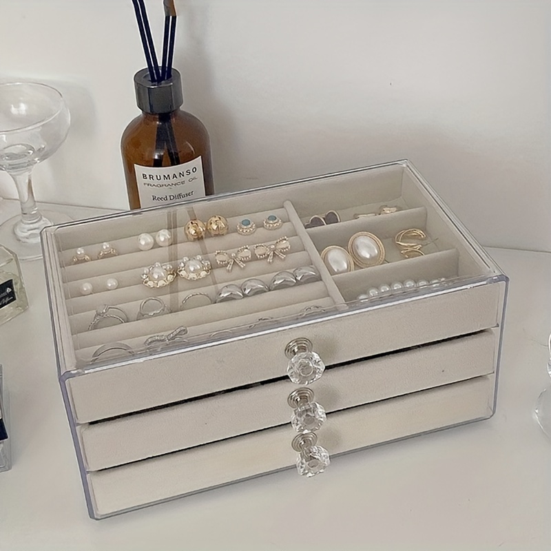 

1pc 3-layer Drawer Style Jewelry Organizer Box, 1pc Classic Plastic Earring Stud Necklace Holder With Velvet Lining, Acrylic Multi-compartment Jewelry Box, Home Storage Solution