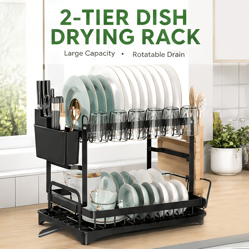 Image of 2-layer Dish Drying Rack With Drain Board Set - Large Metal Dish Rack With Drain, Glass Holder, Cutlery Holder, And Drainage System - Kitchen Additions For Efficient Dish Drying And Organization