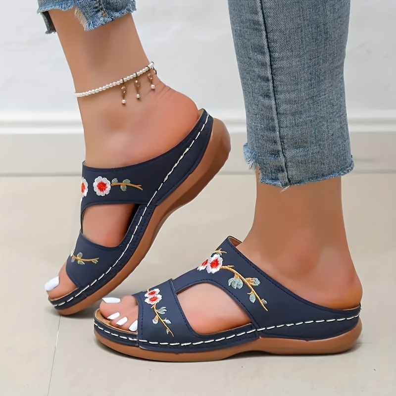 womens flower pattern wedge sandals casual open toe summer shoes comfortable slip on sandals details 3